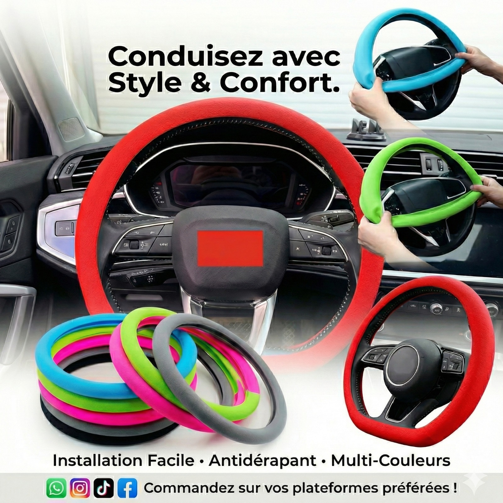 Couvre Volant Silicone Respirant Antidérapant Universel pour Voiture